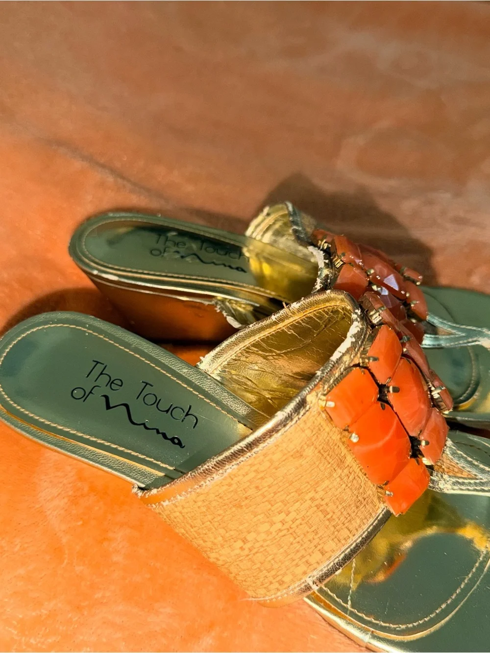 vintage y2k metallic gold - orange jeweled wedge sandals 🧡 touch of nina 8.5 M